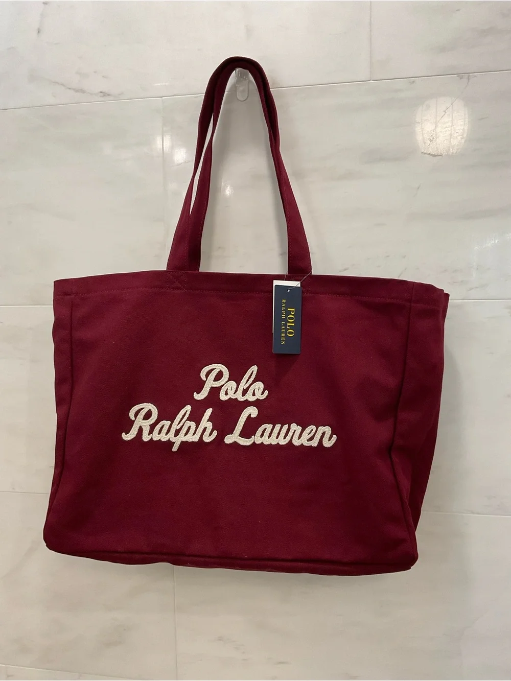 NWT Polo Ralph Lauren BURGUNDY Cotton Chain Stitch Embroidered Canvas Tote Bag